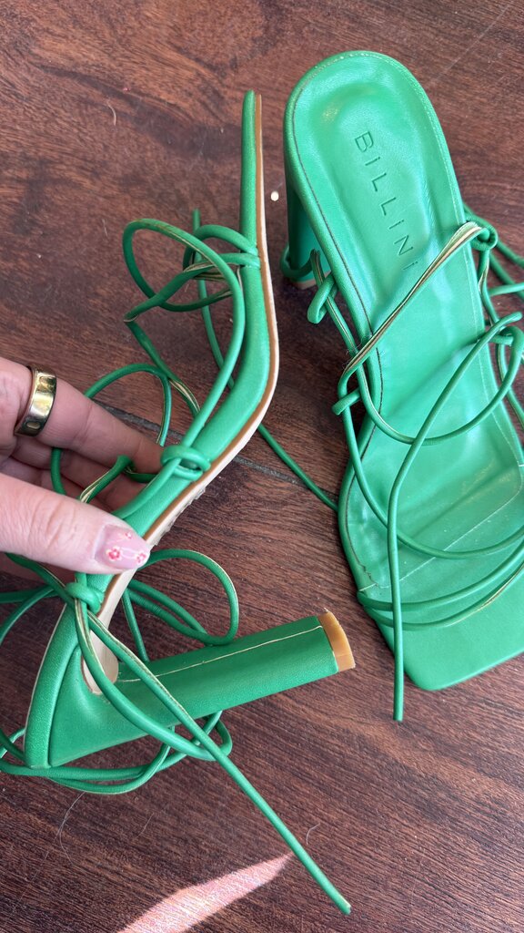 Strappy Tie Green Heeled Sandals