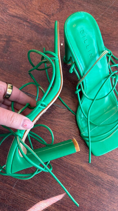 Strappy Tie Green Heeled Sandals