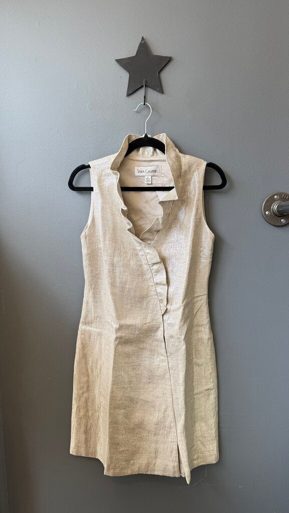 Linen Metallic Ruffle Faux Wrap Dress