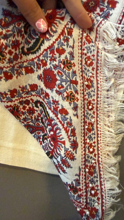 Wool Beaded Print Scarf