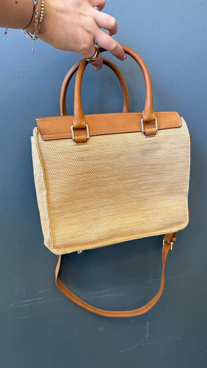 Woven Raffia Leather Strap Satchel