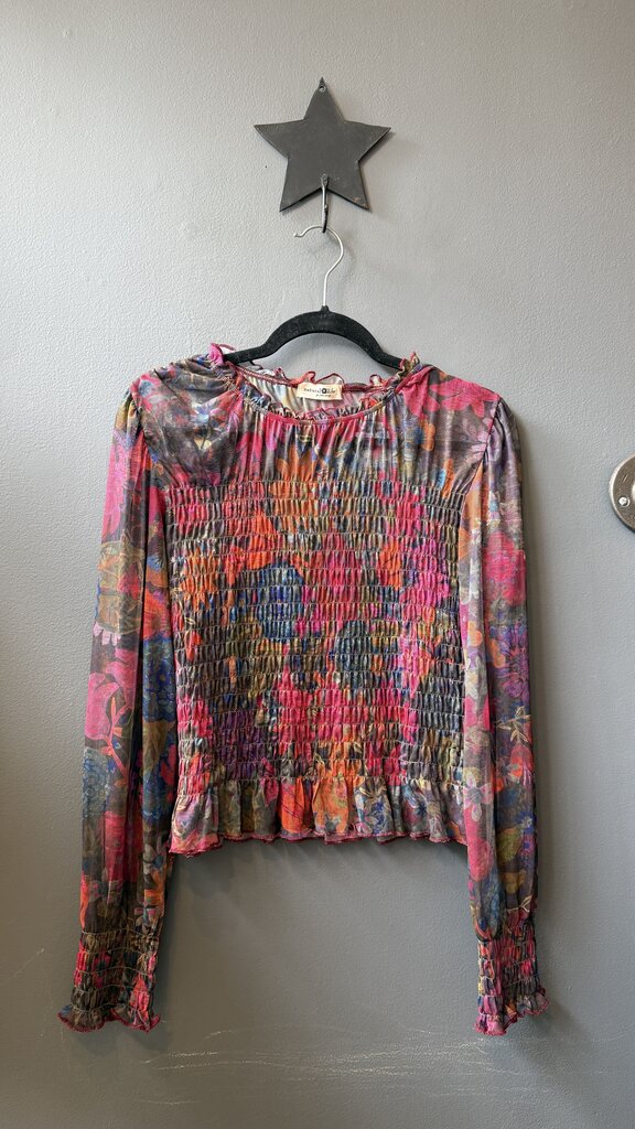 Sheer Mesh Smocked Longsleeve Top