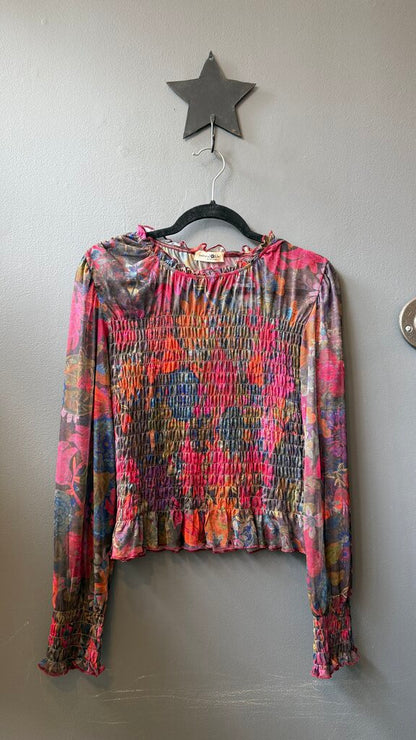 Sheer Mesh Smocked Longsleeve Top