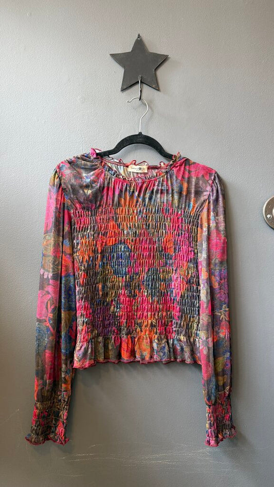 Sheer Mesh Smocked Longsleeve Top