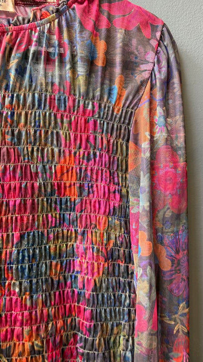 Sheer Mesh Smocked Longsleeve Top