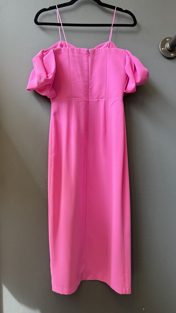Ruffle Shoulder Slit Midi Sheath Dress
