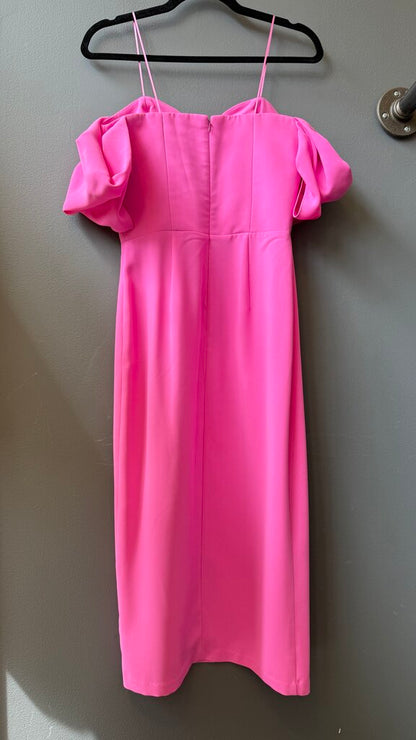 Ruffle Shoulder Slit Midi Sheath Dress