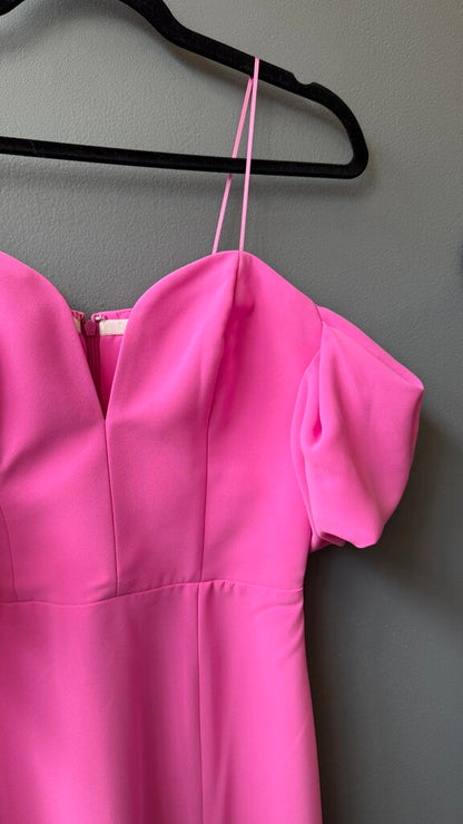 Ruffle Shoulder Slit Midi Sheath Dress