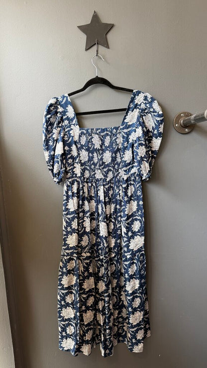 Block Print Smocked Midi Dress