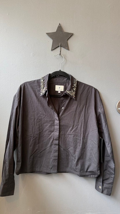 Jeweled Gem Collar Crop Button Up Shirt