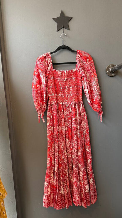 Off the Shoulder Block Print Smocked Maxi Dress