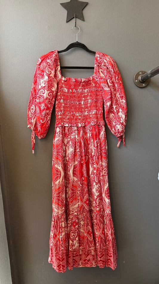 Off the Shoulder Block Print Smocked Maxi Dress