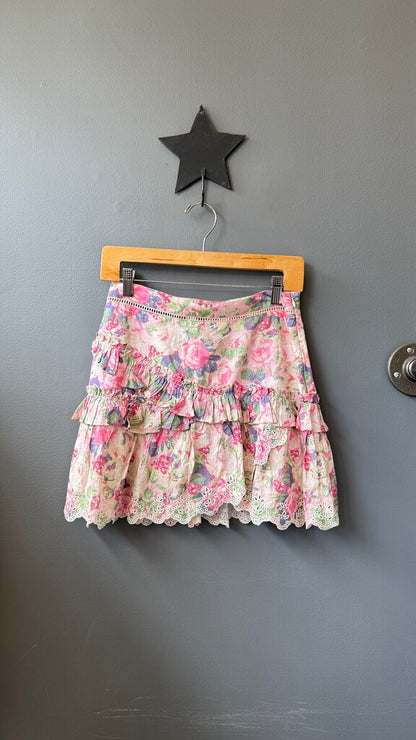 Rose Eyelet Ruffle Mini Skirt