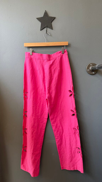 Linen Blend Floral Cutout Wide Leg Pants