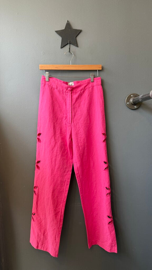 Linen Blend Floral Cutout Wide Leg Pants