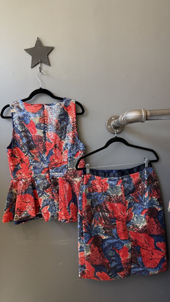 Sequin Floral Peplum Top + Skirt Set