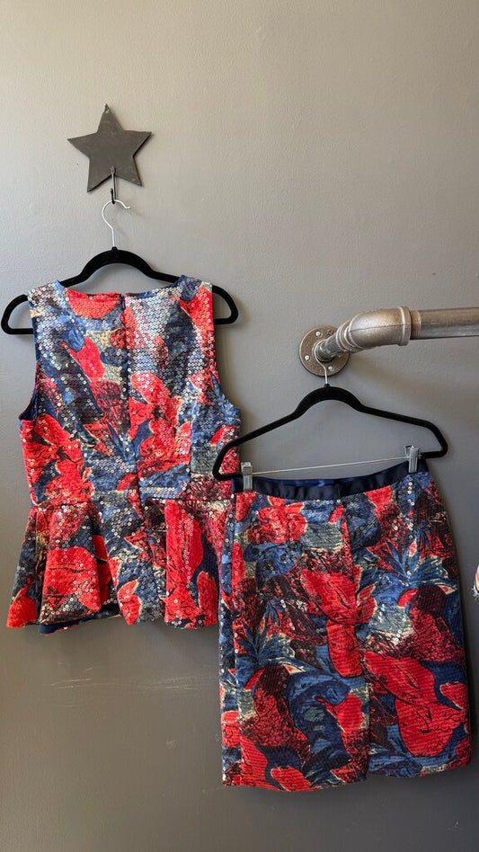 Sequin Floral Peplum Top + Skirt Set
