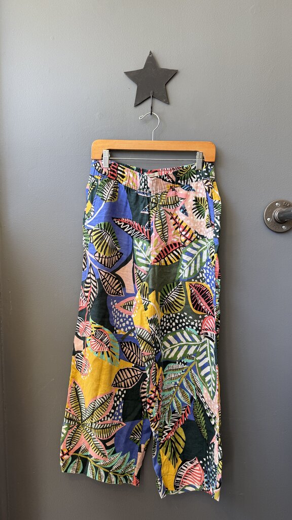 Leaf Print Linen Wide Leg Pants