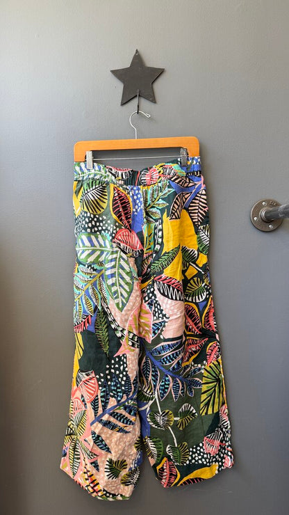 Leaf Print Linen Wide Leg Pants