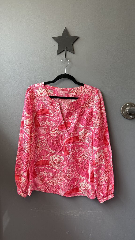 Silk Notch Neck Fan Print Blouse