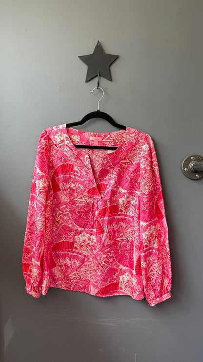 Silk Notch Neck Fan Print Blouse