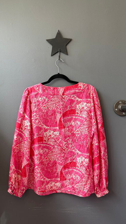 Silk Notch Neck Fan Print Blouse