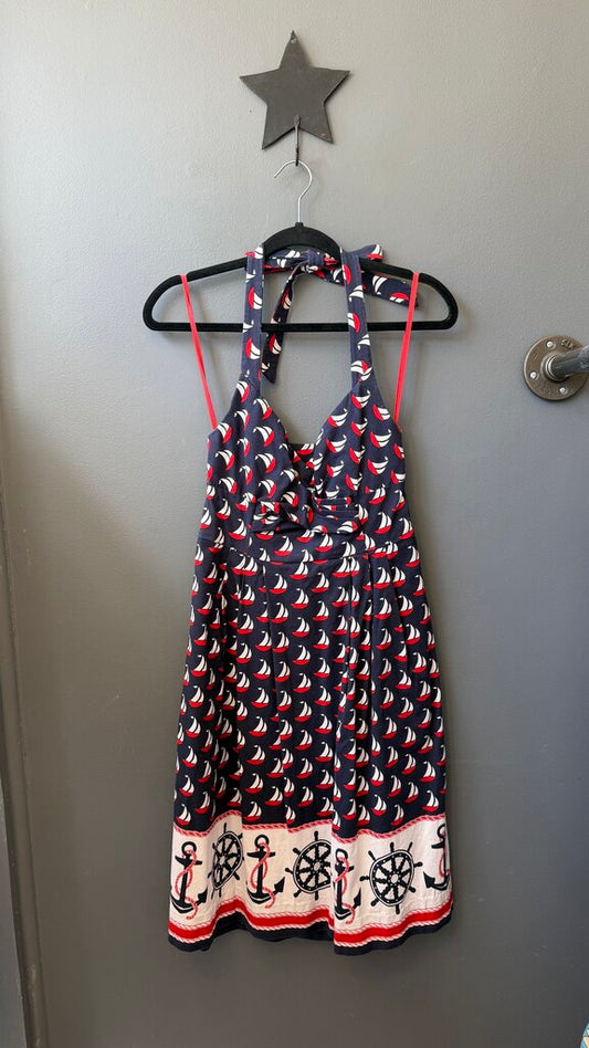 Pique Sailboat Halter Fit Flare Dress