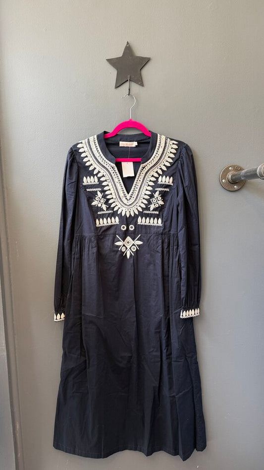 Embroidered Mirror Midi Caftan Dress