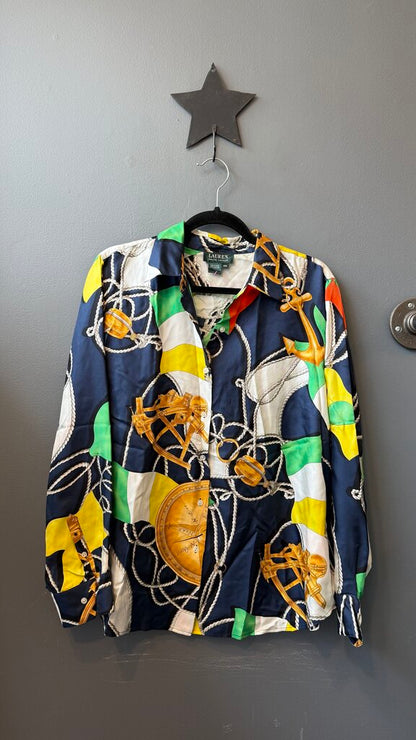 Nautical Silk Button Up Blouse