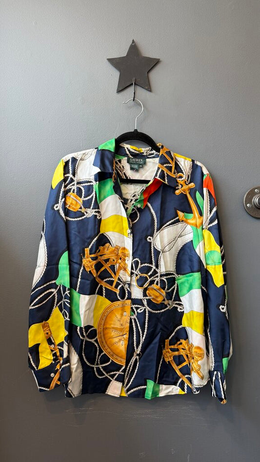 Nautical Silk Button Up Blouse