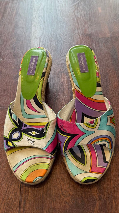 Silk Print Espadrille Kitten Heel Slides