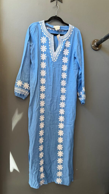 Linen Blend Embroidered Tunic Maxi Dress