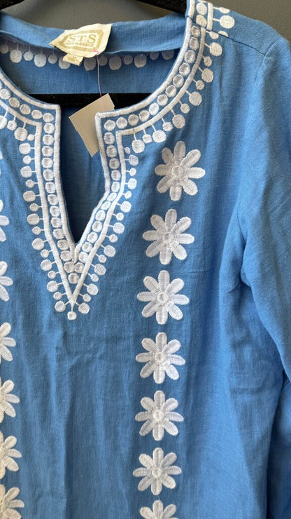 Linen Blend Embroidered Tunic Maxi Dress