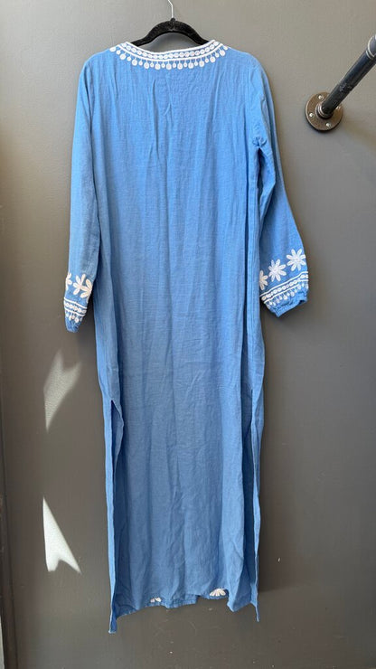 Linen Blend Embroidered Tunic Maxi Dress