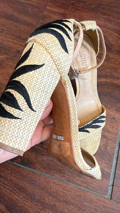 Embroidered Raffia Block Heel Sandals