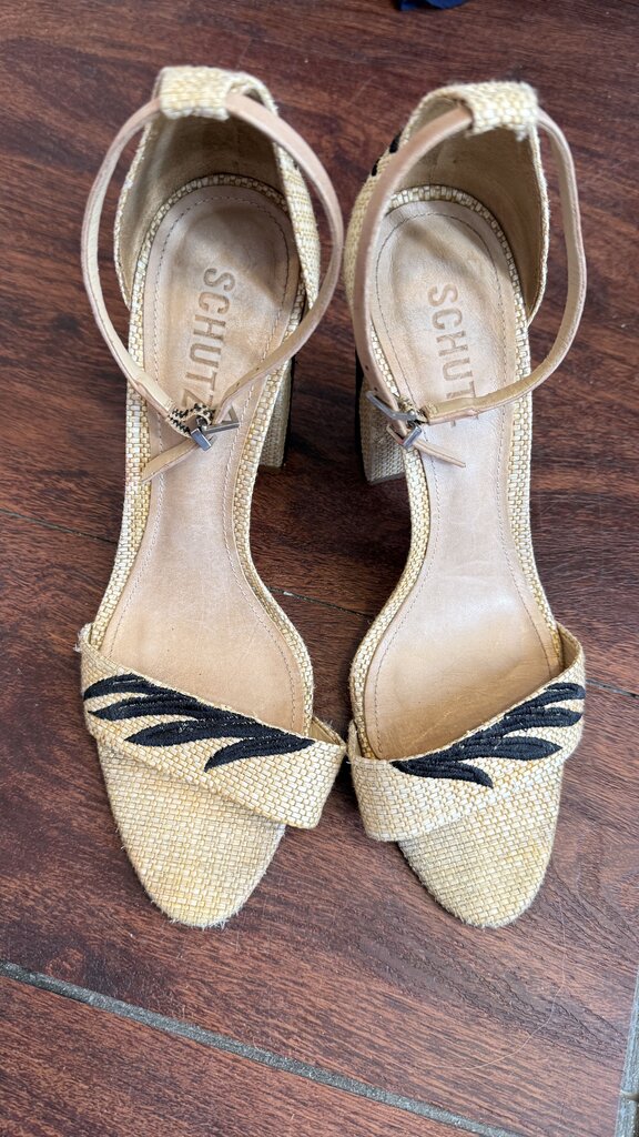Embroidered Raffia Block Heel Sandals