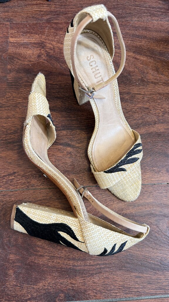 Embroidered Raffia Block Heel Sandals