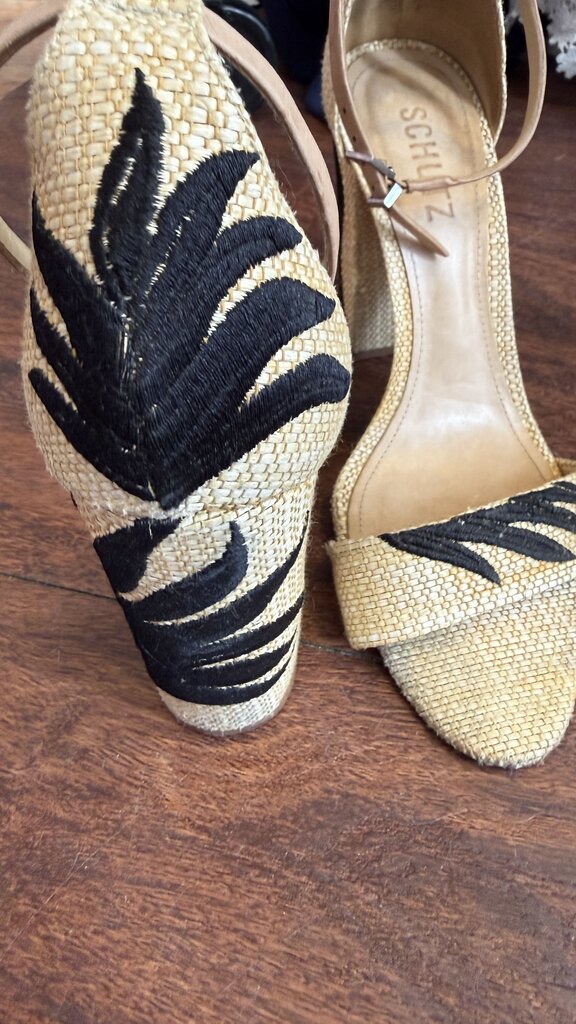 Embroidered Raffia Block Heel Sandals