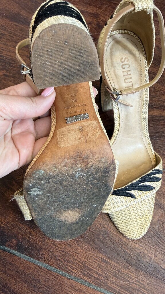 Embroidered Raffia Block Heel Sandals