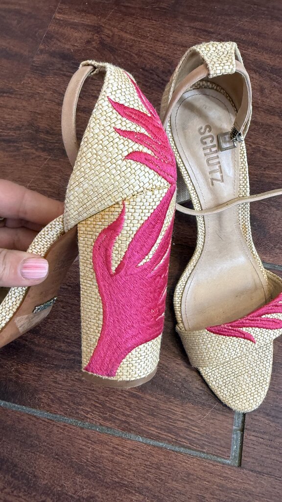 Embroidered Raffia Block Heel Sandals