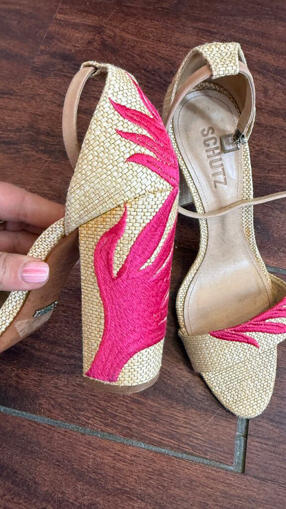 Embroidered Raffia Block Heel Sandals