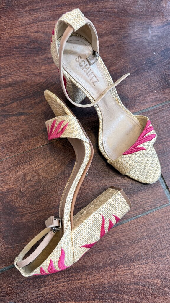 Embroidered Raffia Block Heel Sandals