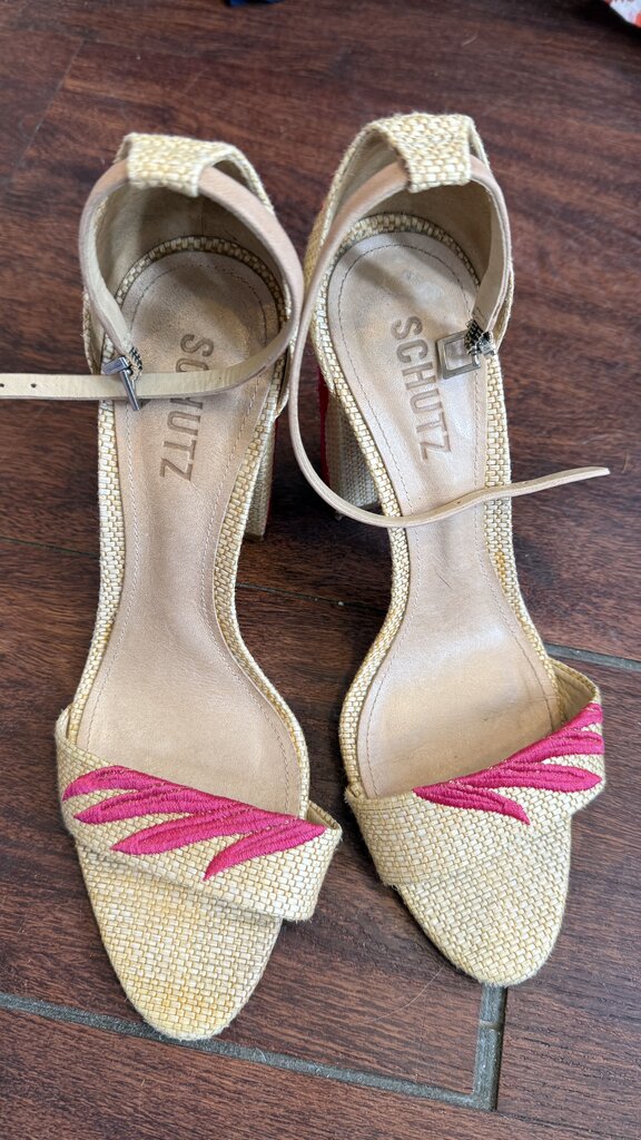 Embroidered Raffia Block Heel Sandals