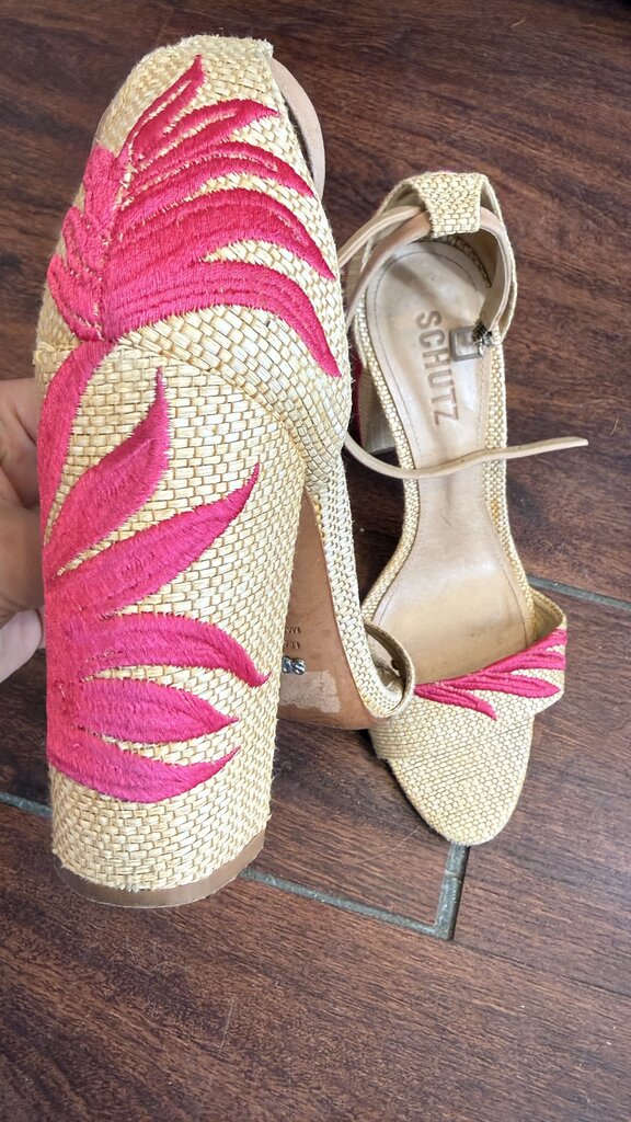 Embroidered Raffia Block Heel Sandals