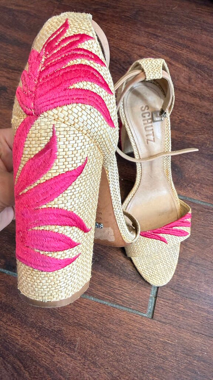 Embroidered Raffia Block Heel Sandals