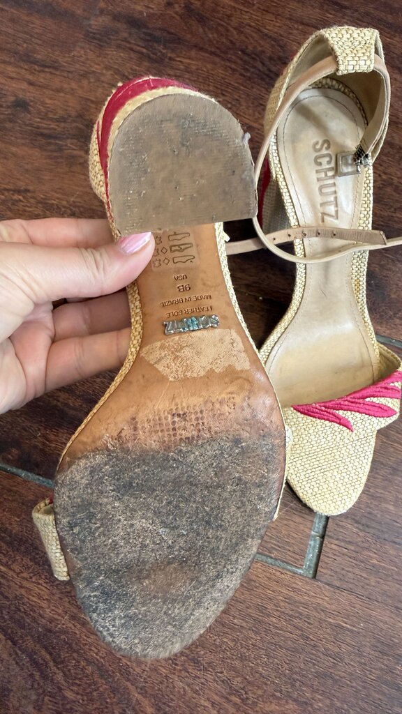 Embroidered Raffia Block Heel Sandals