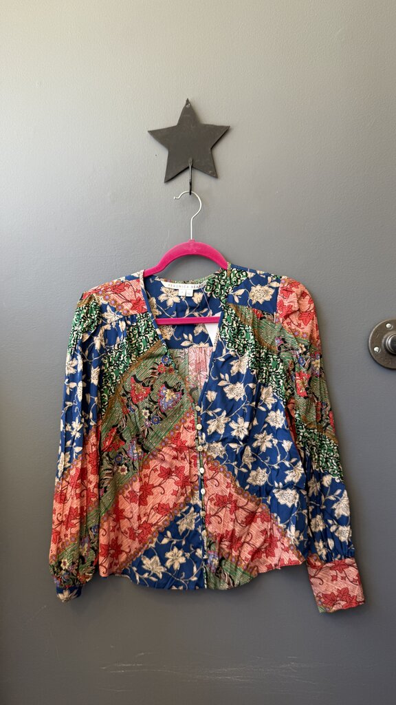 Silk Mixed Print Button Blouse