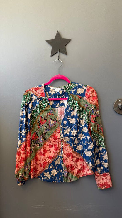 Silk Mixed Print Button Blouse
