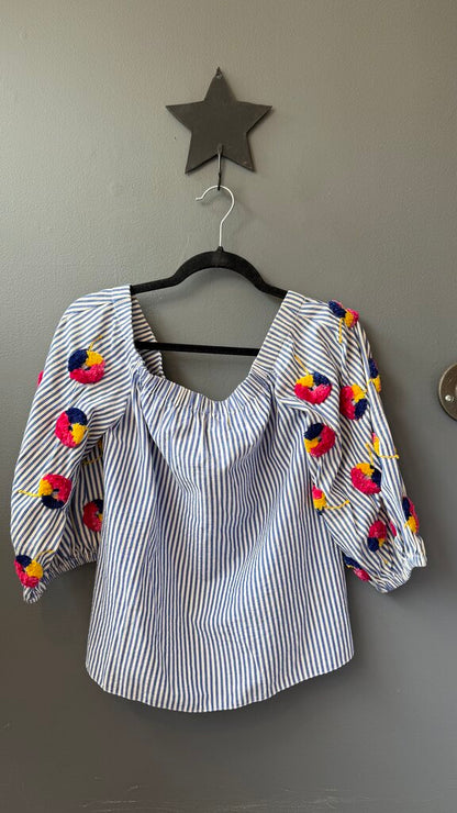 Off the Shoulder Embroidered Stripe Top