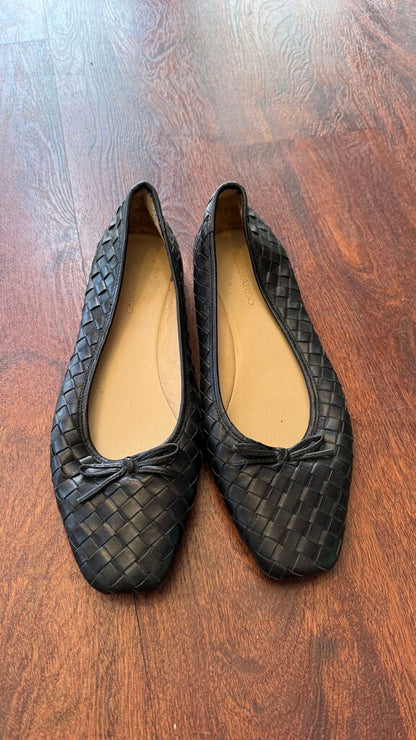 Leather Woven Square Toe Ballet Flats